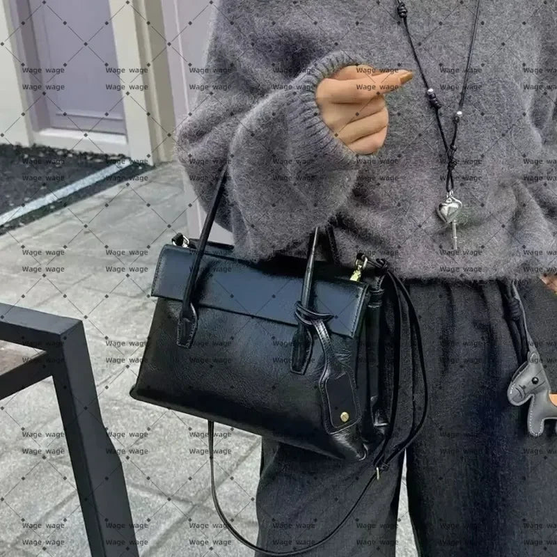 2026 New Designer bag Autumn Winter Distressed Oil Wax Leather Briefcase, Elegant Top-Handle Shoulder Bag, Timeless Sophisticate