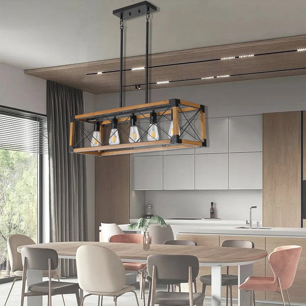 31“Industrial Farmhouse Rectangle Pendant Light - Wood & Iron Metal Frame, 5-Light E26 Bulb Chandelier for Dining Room, Kitchen