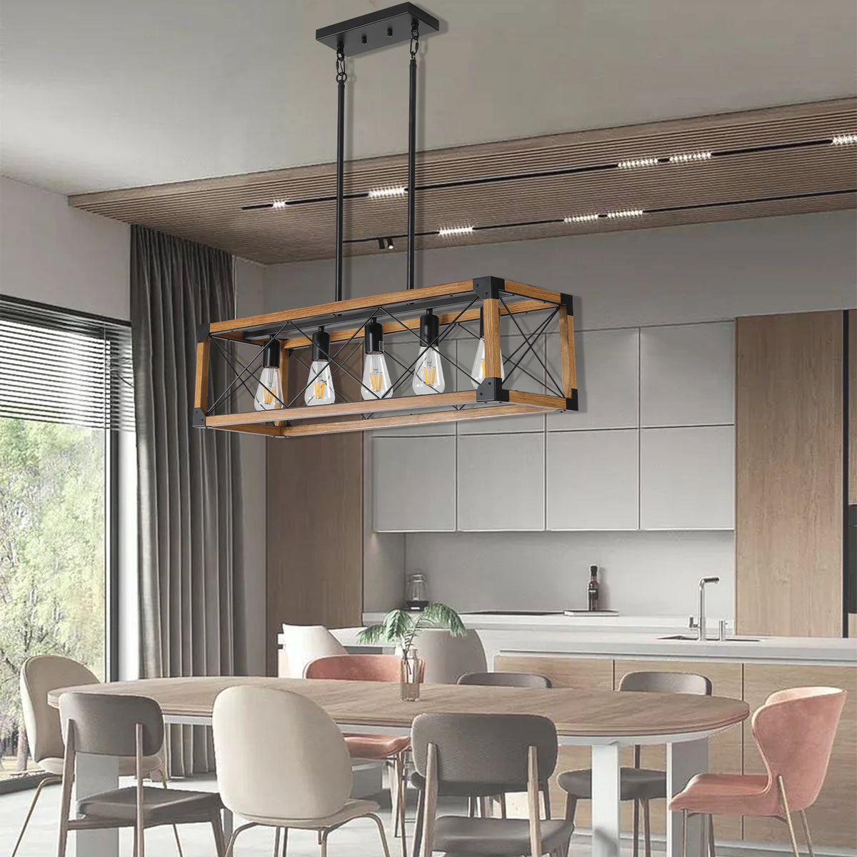 31“Industrial Farmhouse Rectangle Pendant Light - Wood & Iron Metal Frame, 5-Light E26 Bulb Chandelier for Dining Room, Kitchen