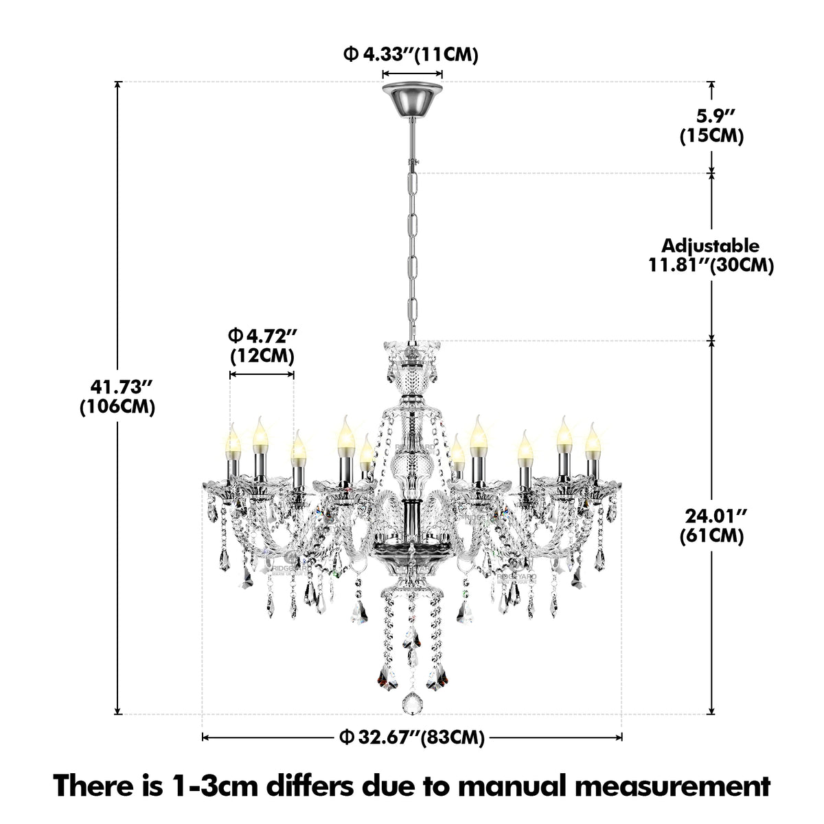 K9 Crystal Chandelier 10 Lights Ceiling Lamp with Adjustable Chain Modern Elegant Pendant Light For Living Room Bedroom Home ﻿