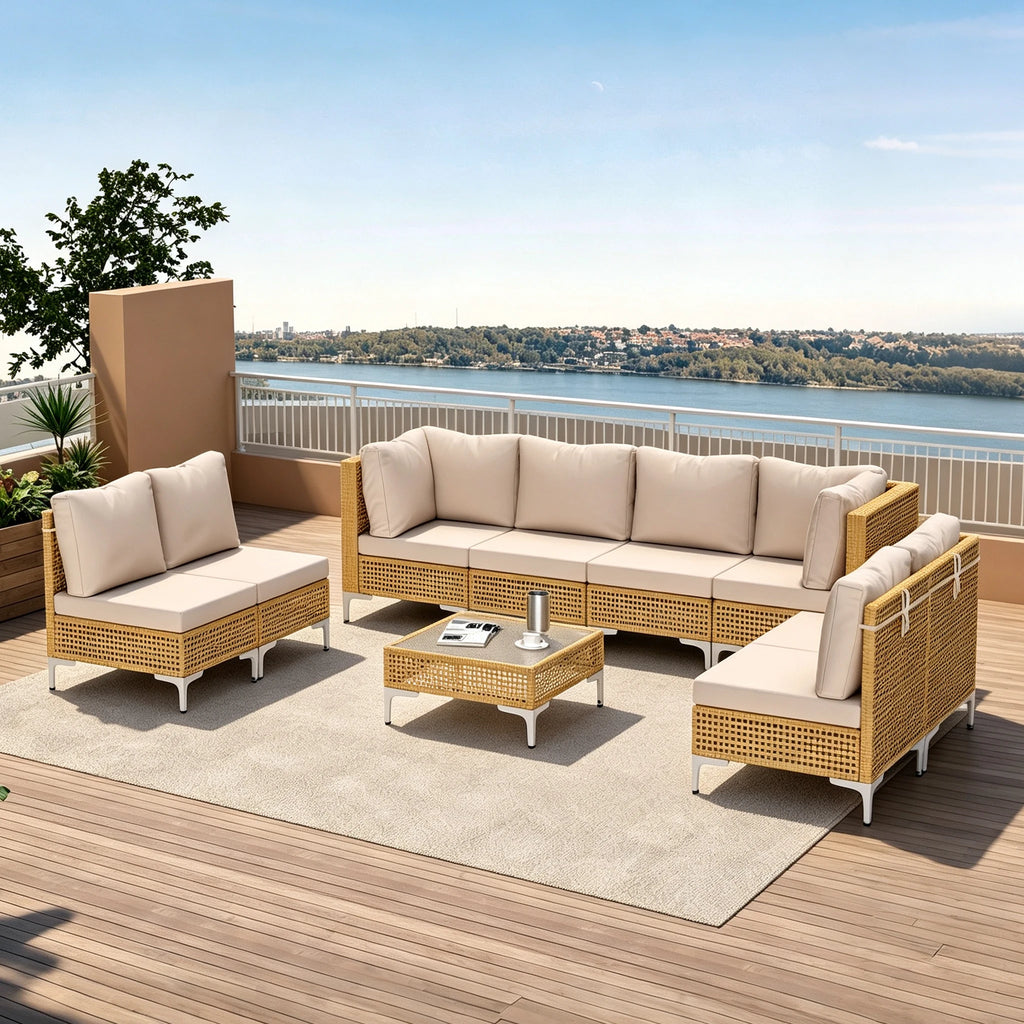 9-Piece Outdoor Patio Furniture Set Wicker Sectional Sofa with Thick Cushions And Glass Table for Backyard Garden