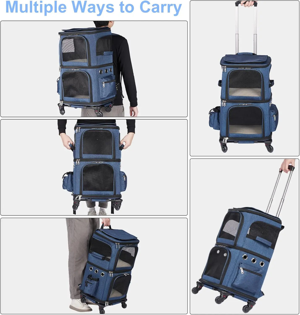 Double-Compartment Pet Carrier Backpack with Wheels for Small Cats and Dogs, Perfect for Traveling and Vet Visits, Blue