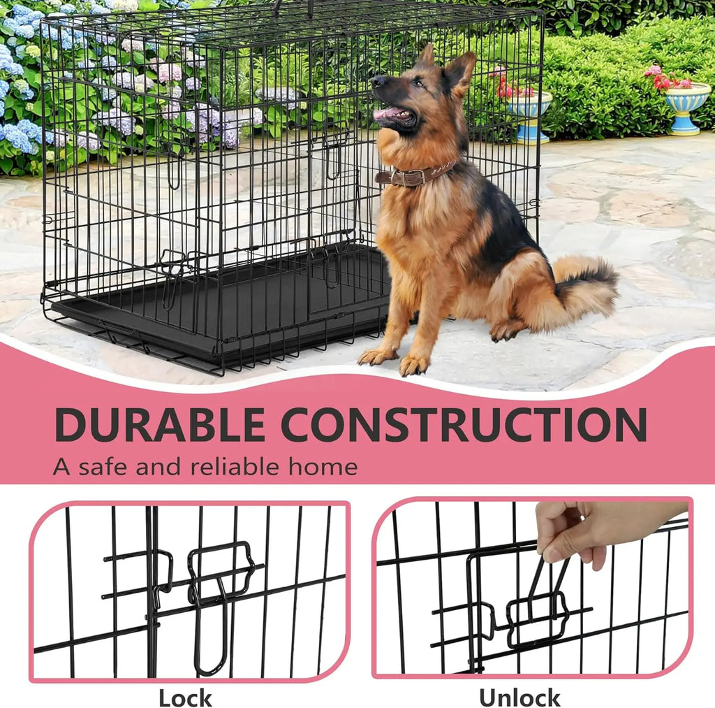 Extra Large Dog Crate Dog Kennel Cage with Double Door,48 inch Folding Metal Wire Dog Cage with Removable Tray&Divider P