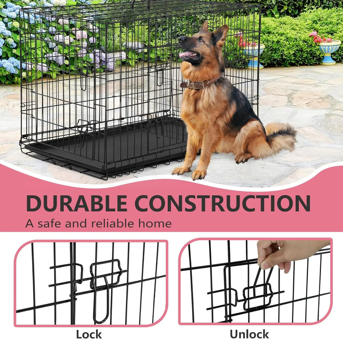 Extra Large Dog Crate Dog Kennel Cage with Double Door,48 inch Folding Metal Wire Dog Cage with Removable Tray&Divider P