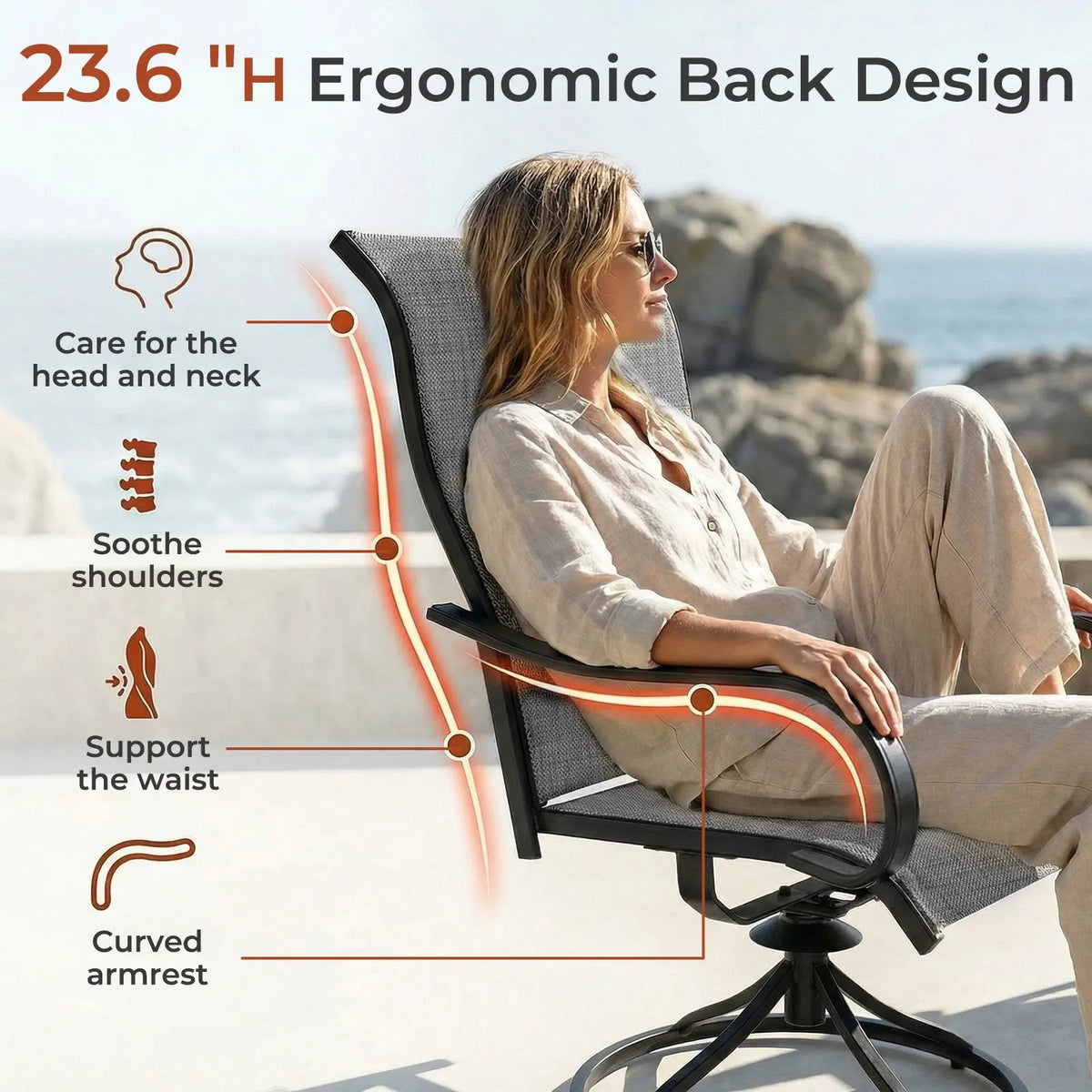Patio Swivel Dining Chairs Set of 2, Outdoor Chair with Textilene Mesh Fabric & Black Metal Frame for All Weather Outdoor Garden