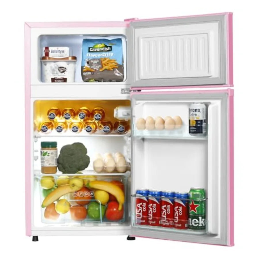 Mini fridge with freezer for bedroom, office, kitchen, apartment, dorm; pink compact refrigerator, 3.2 cu.ft, two-door design,