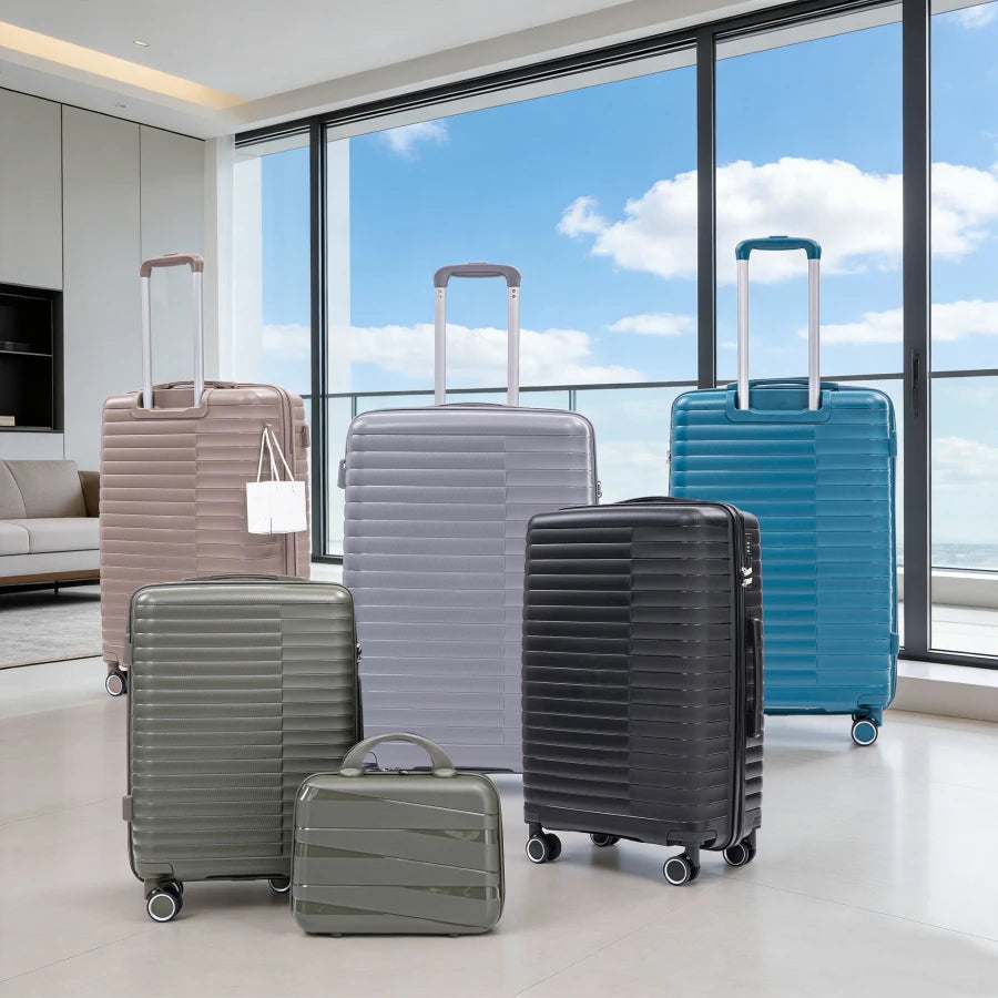 Carry on suitcase set for travel: PP spinner wheel luggage in blue, 14/20/24/28, iron pull rod, combination password lock, incl