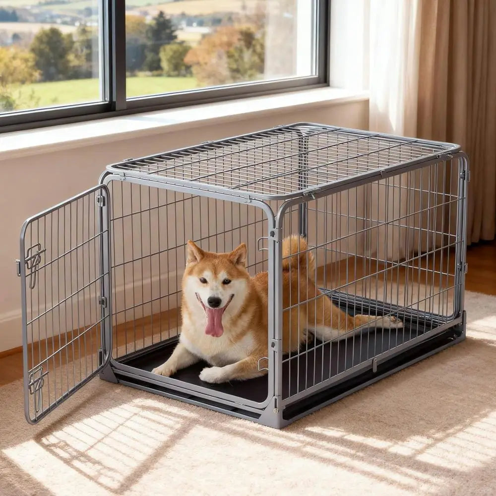 36 Inch Metal Dog Crate with Double Door, Foldable, Removable Tray, Suitable for Medium Dogs, Indoor/Outdoor, Silver Gray