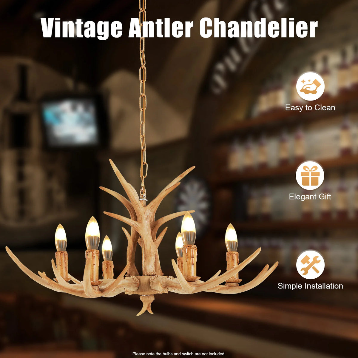 6 Light Resin Antler Chandelier, Rustic Deer Horn Chandelier Vintage Antler Lamp for Kitchen, Dining, Living Room, Bedroom