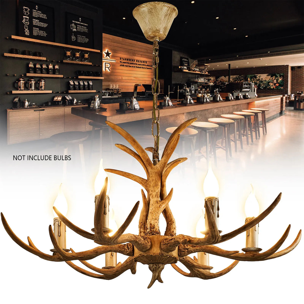 Rustic Antler Chandelier 6 Lights,Farmhouse Chandeliers with Resin 6Antlers and Retro Metal Wagon Wheel Chandelier Vintage Style