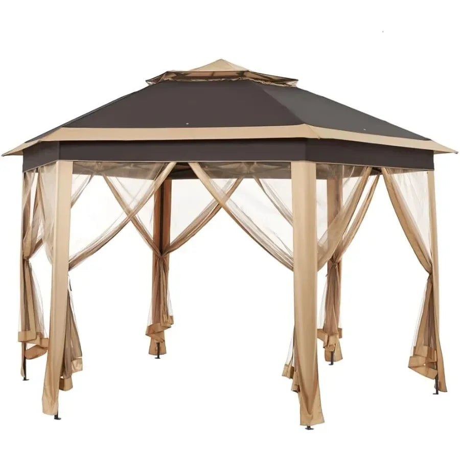 13x13 Pop Up Gazebo Double-Tier W/Mesh Netting Patio Canopy Brown