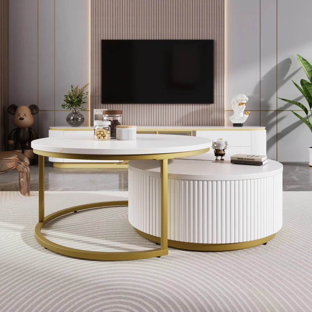 31.5'' Modern Round Fluted Nesting Coffee Table with Storage Drawer, White & Gold Accent Side Table for Living Room Home Decor