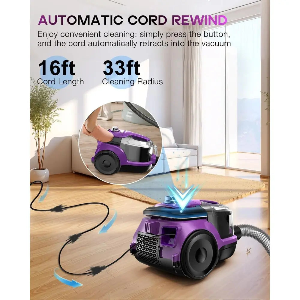Powerful Suction Canister Vacuum Cleaner with Auto Cord Rewind, HEPA Filter, Corded for Hard Floors, Carpets, Pet & Rental Frien
