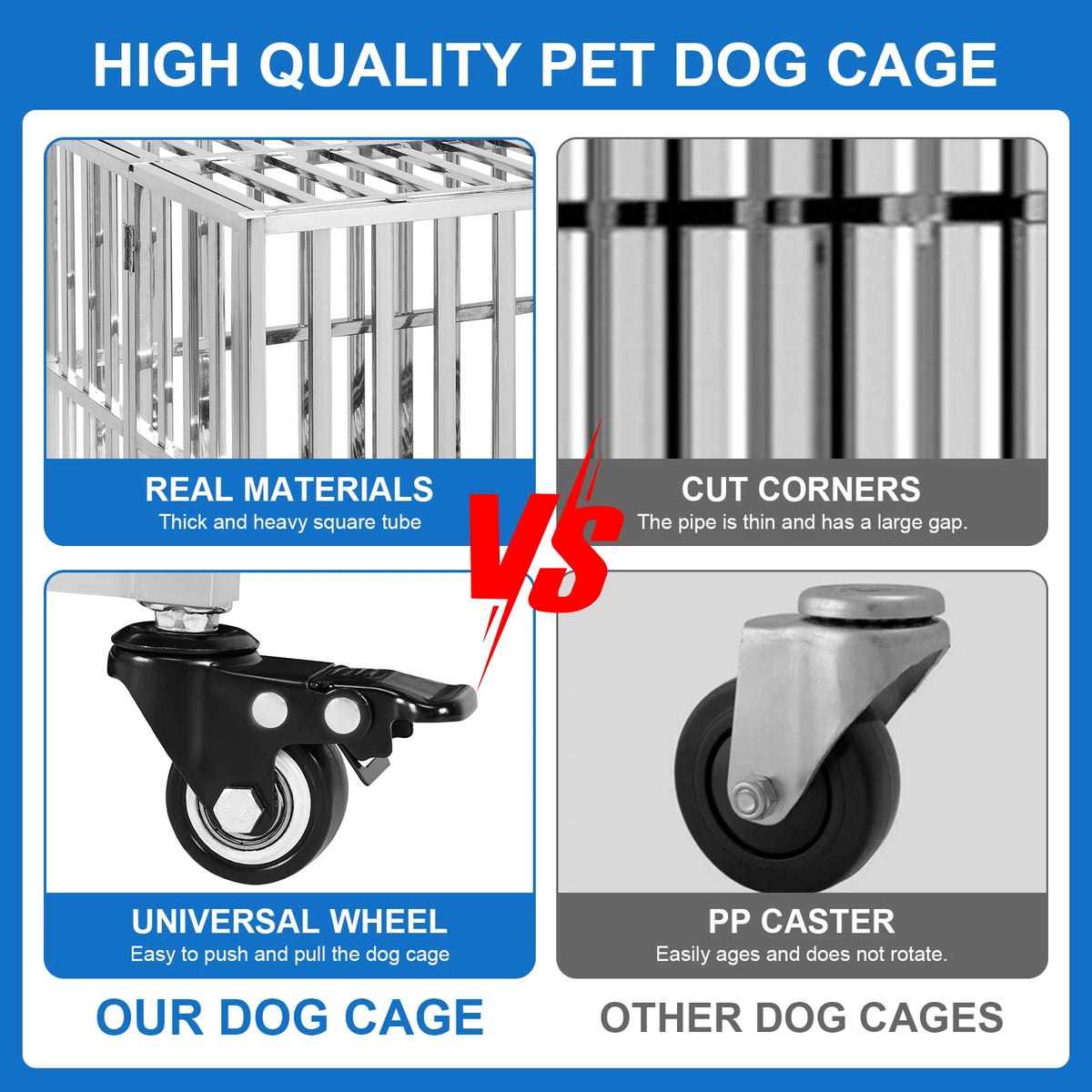 37in Steel Tube Foldable Dog Cage Crate with Four Wheels Strong Metal Pet Kennel Cage Double Doors with Roof Removable Tray