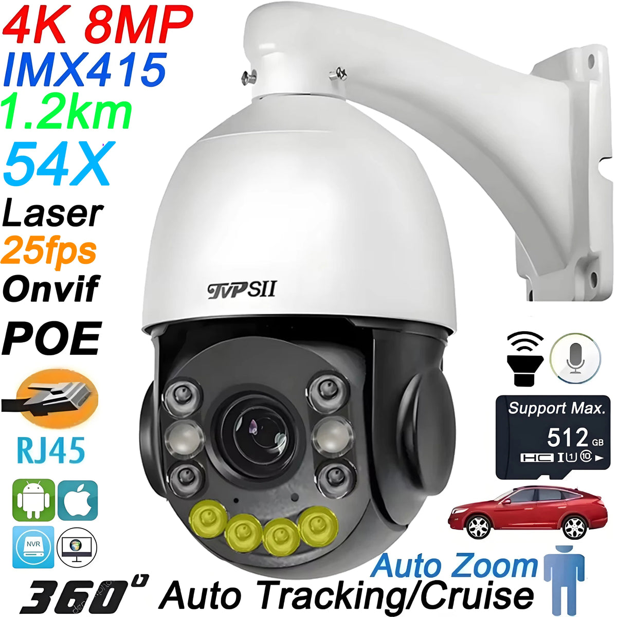 Laser Infrared Full Color Auto Tracking Cruise Real-Time 25fps 8MP 4K 90X Optical Zoom 360° Onvif POE PTZ IP Surveillance Speed Dome Camera