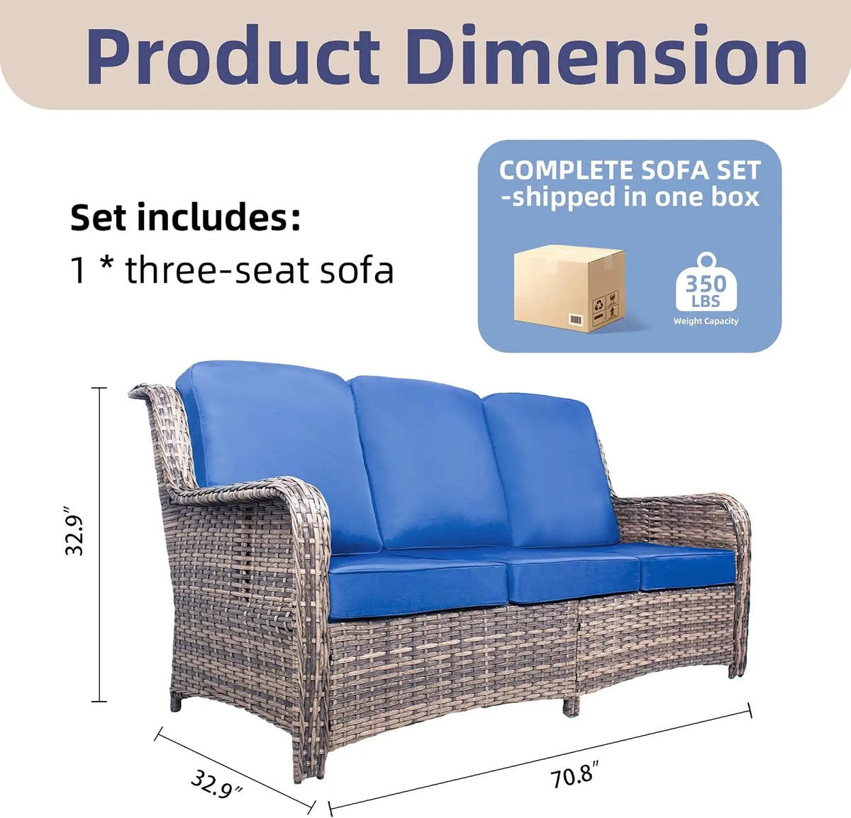 Outdoor Patio Wicker Sofa 3-Seater with Wide Armrests Comfortable Garden Couch for Entertaining And Relaxing(Blue)