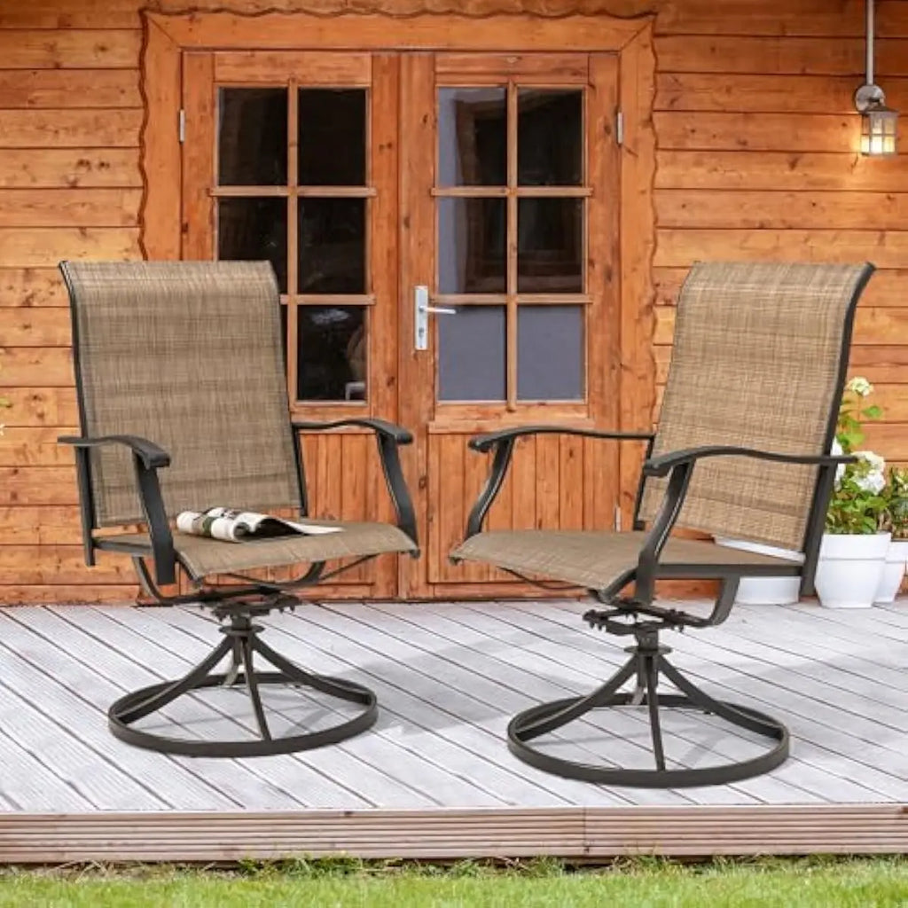 Outdoor swivel dining chairs set of two with 360-degree rotation and gentle rocking motion ideal for patios decks gardens balcon