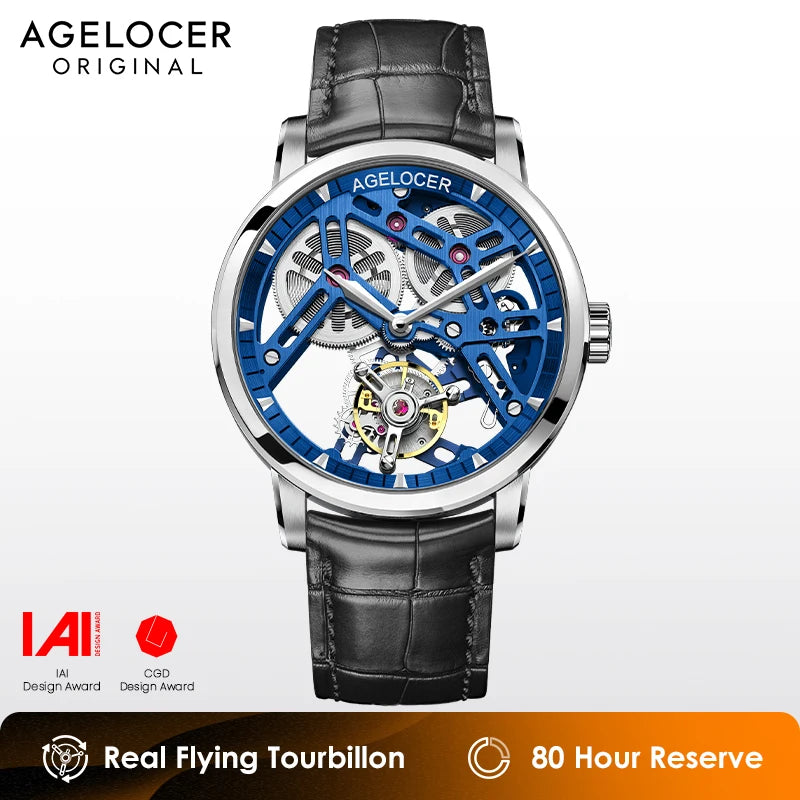 AGELOCER Original Tourbillon Watch Men's Business Formal Luxury Skeleton Manual Mechanical Watch Birthday Gift for Men