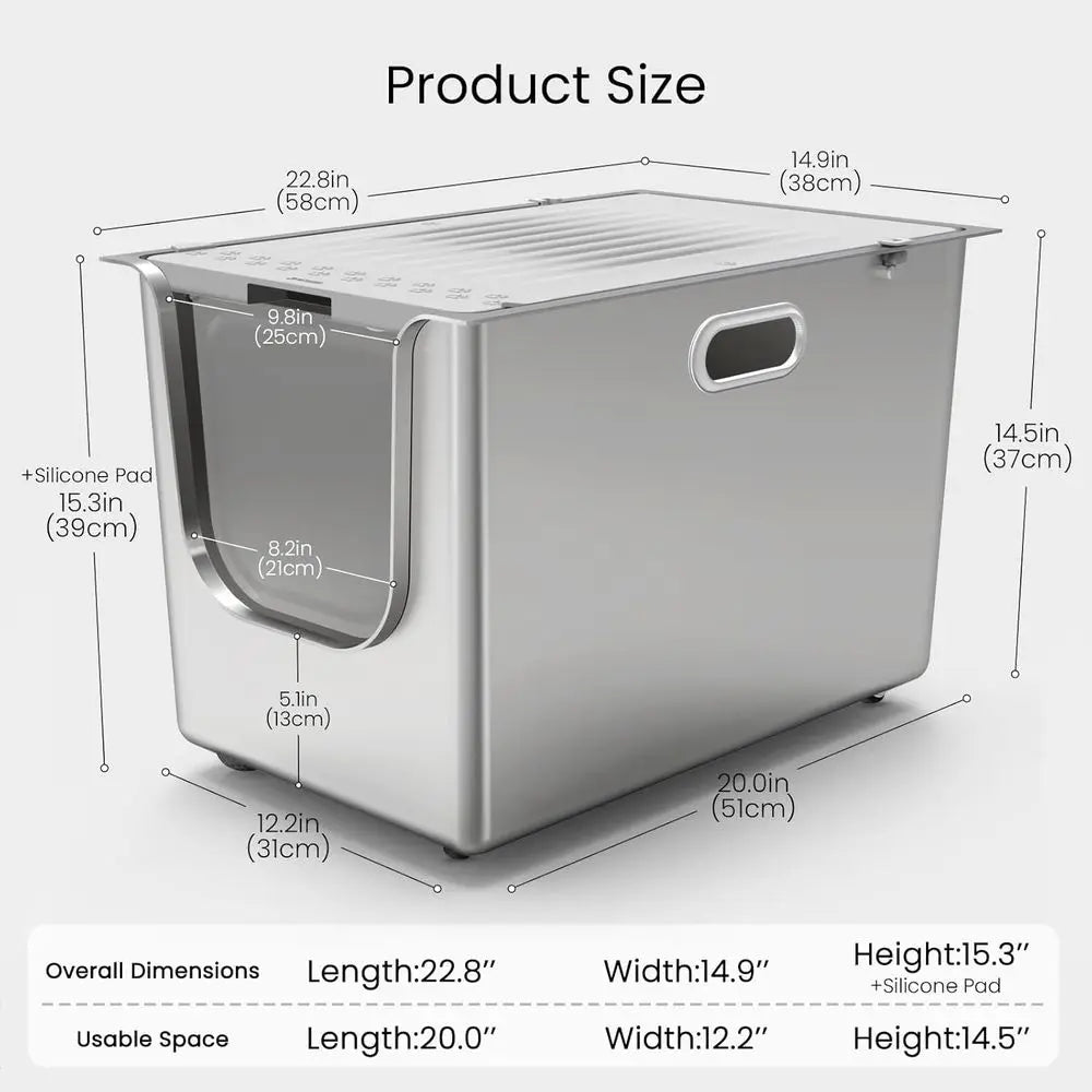 StainlSteel Litter Box with Lid, Cat Litter Box with Door 14.5'' High Sides, XL Metal Kitty Litter Pan, Pet Toilet with Wheels o