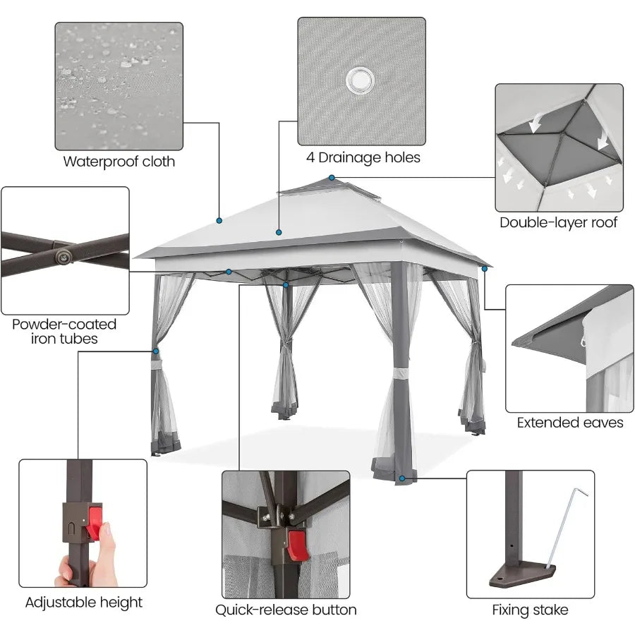 11x11 Pop Up Gazebo Double-Tier Canopy Tent w/Mesh Netting, Gray