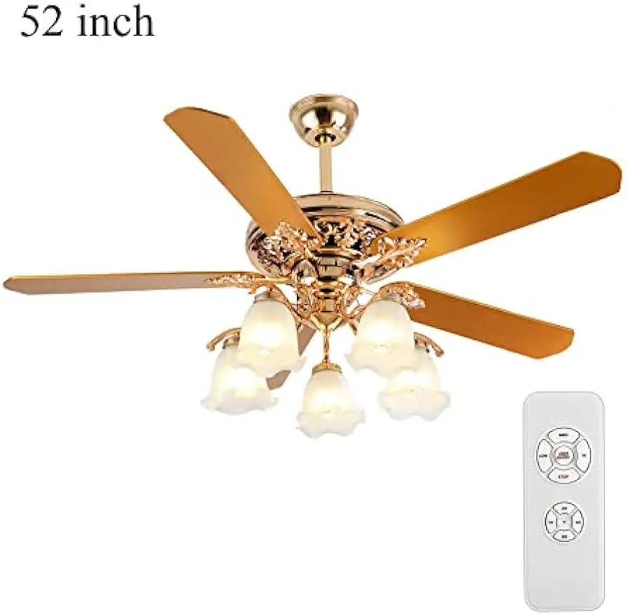 3-Speed Modern Ceiling Fan with Remote Control, 52-Inch Gold Chandelier Ceiling Fan with 5 Wooden Blades and 5 Glass Shades
