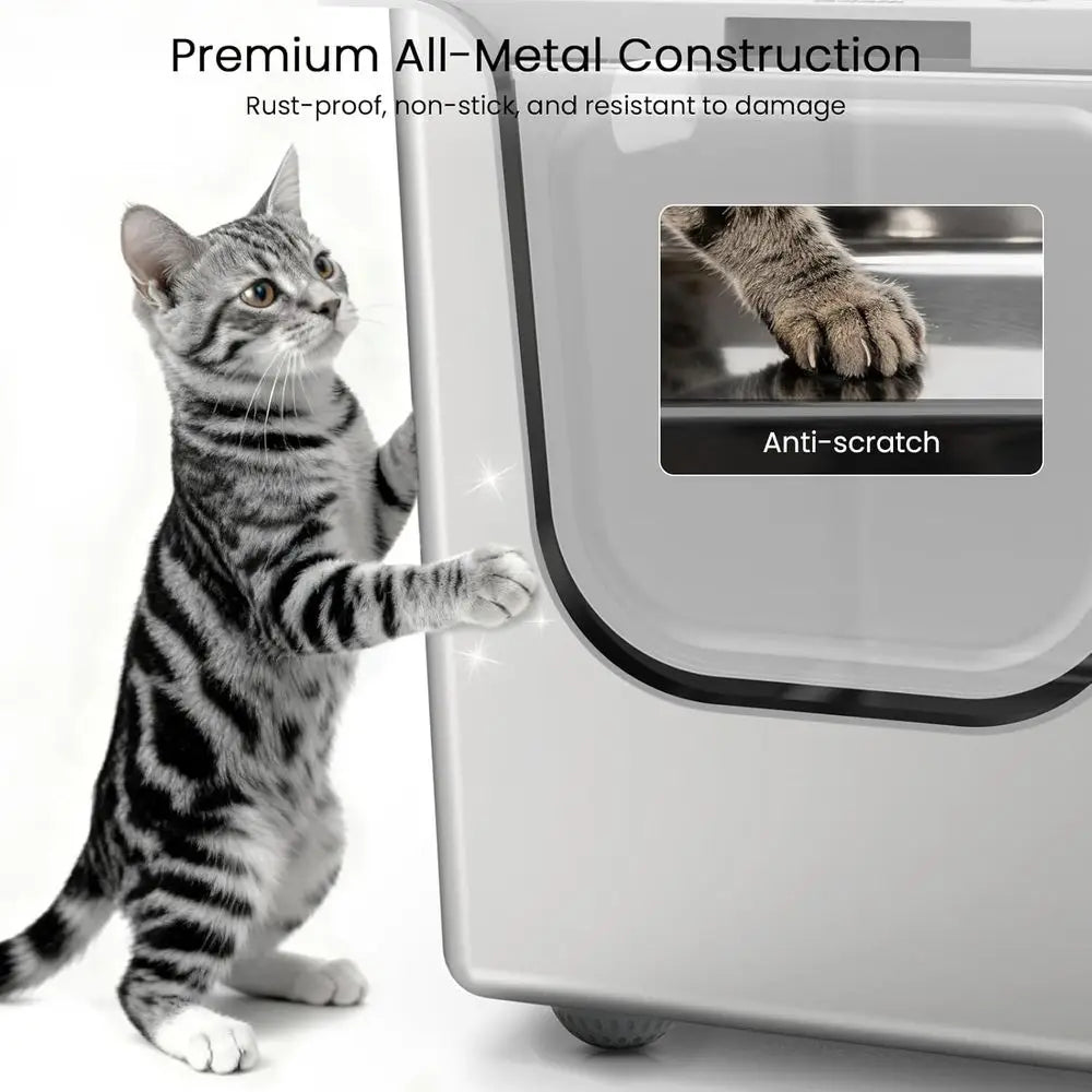 StainlSteel Litter Box with Lid, Cat Litter Box with Door 14.5'' High Sides, XL Metal Kitty Litter Pan, Pet Toilet with Wheels o