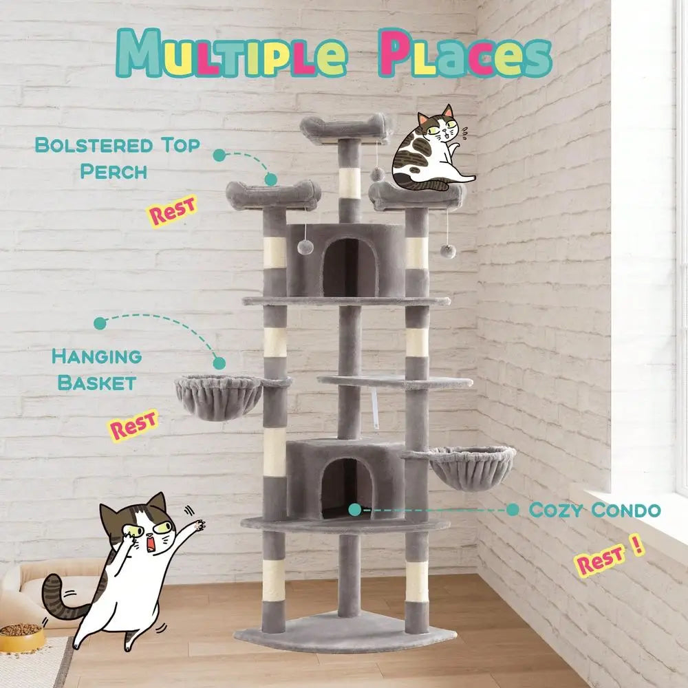 Cat Tree Rascadores Para Gatos Cat Supplies 73in FanShaped Corner Cat Tower For Save Space, MultiLevel Tall Cat Tree For Indoor