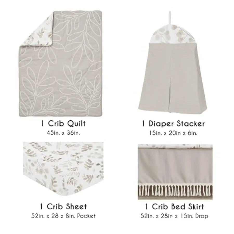4-Piece Baby Crib Bedding Set Woodland Boho Leaf for Girls Infants/Nursery incl. Blanket Fitted Sheet Skirt Diaper Stacker (Neu