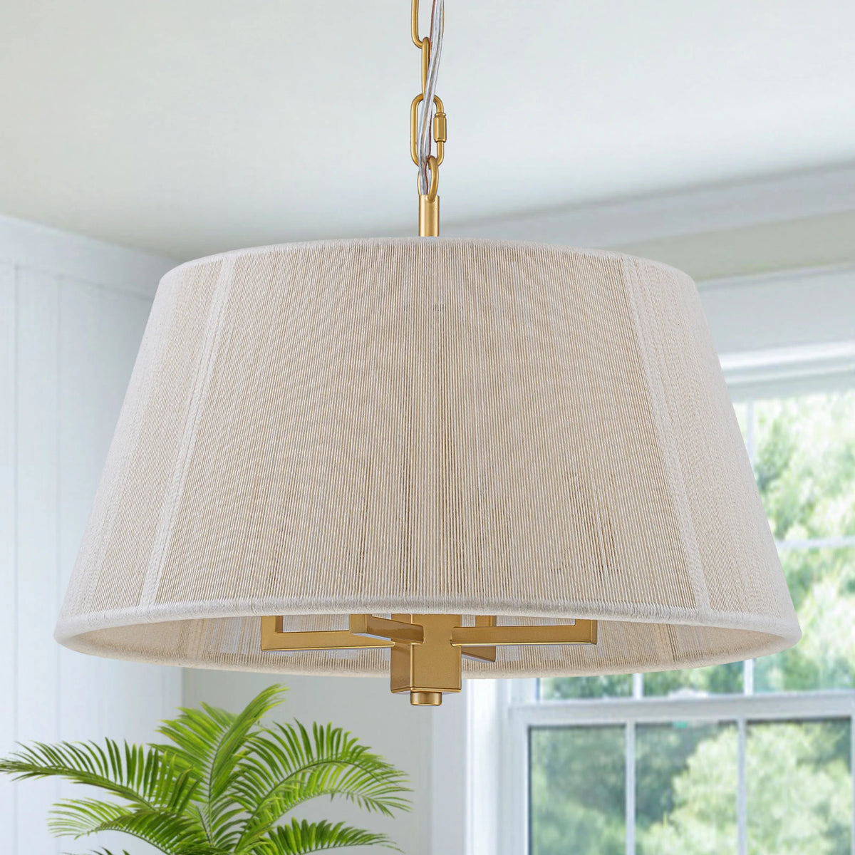 15.75" Gold Drum Pendant Light 4-Light Rattan Chandelier Large Pendant Light Fixtures for Dining Room Kitchen Island Living Room