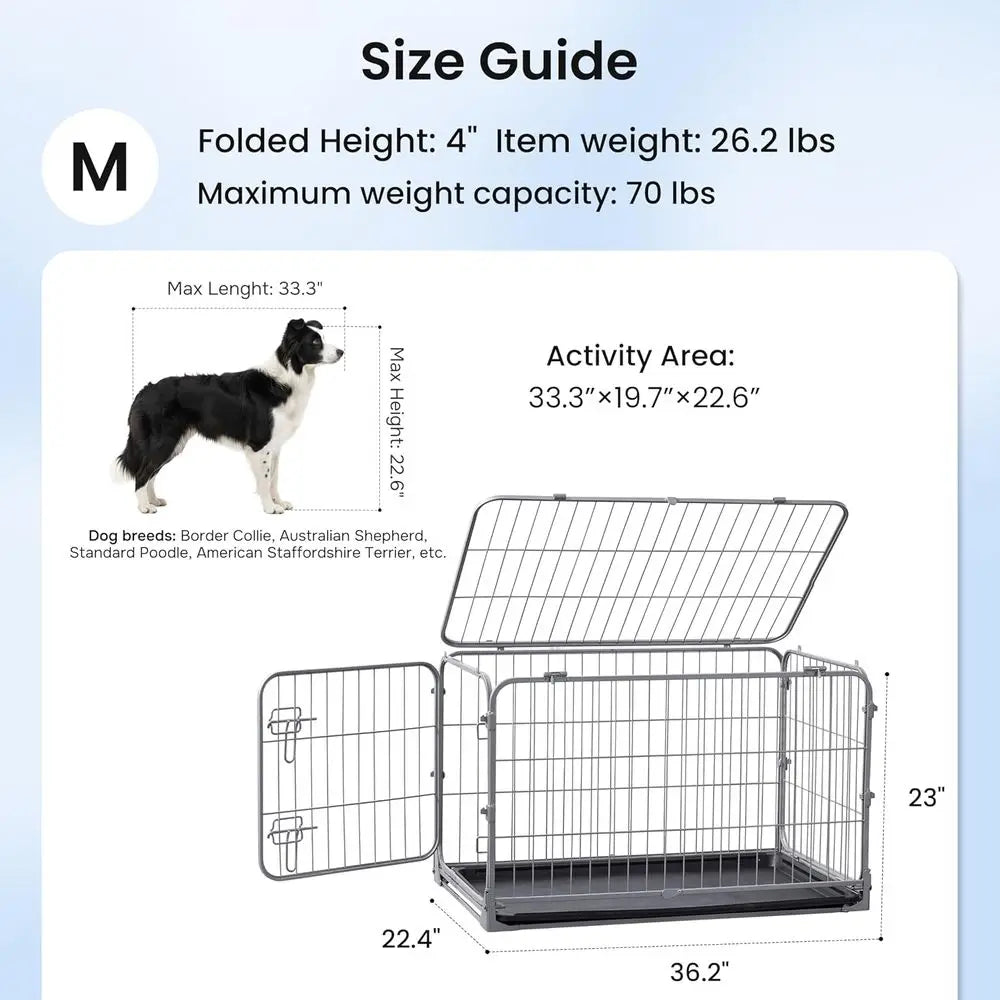 36 Inch Metal Dog Crate with Double Door, Foldable, Removable Tray, Suitable for Medium Dogs, Indoor/Outdoor, Silver Gray