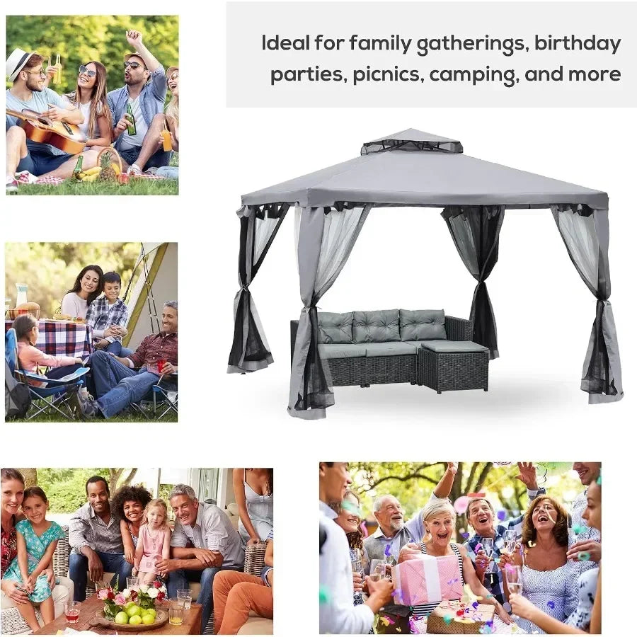 9.6'x9.6' Patio Gazebo Outdoor Canopy with Netting Gray