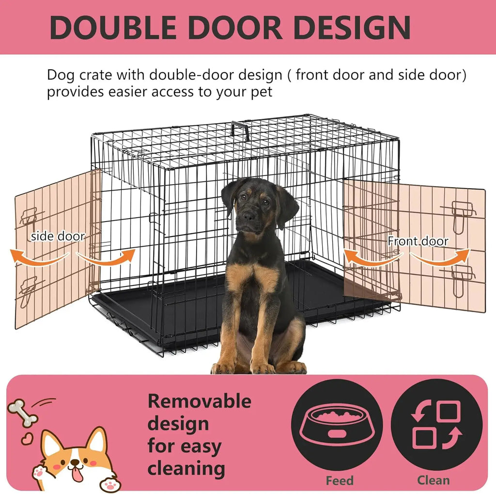 Extra Large Dog Crate Dog Kennel Cage with Double Door,48 inch Folding Metal Wire Dog Cage with Removable Tray&Divider P