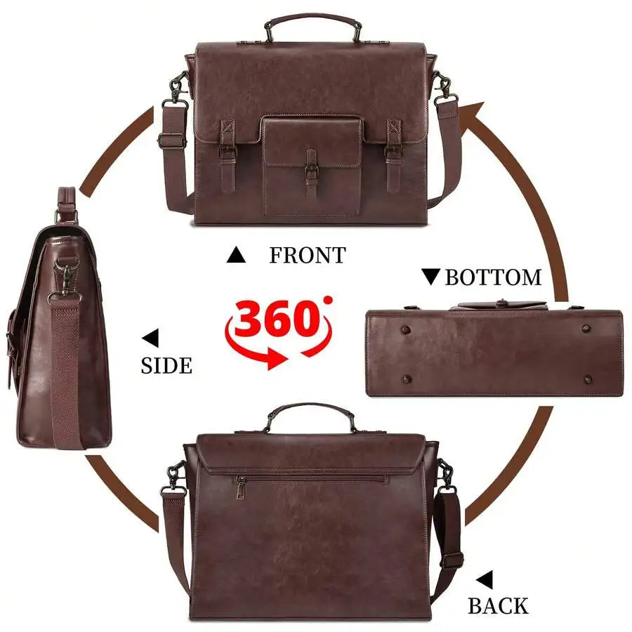 Men's Vintage Leather Messenger Bag: Waterproof 15.6" Laptop Briefcase, Large Satchel for Office & Travel.