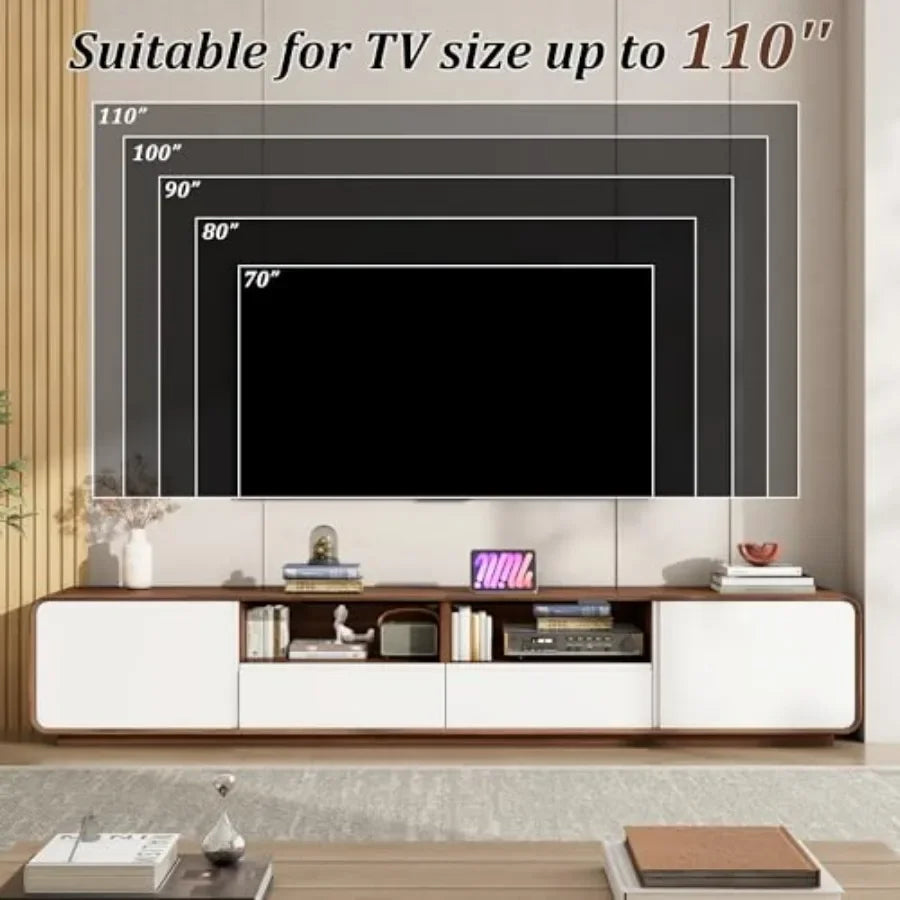 95" TV Stand for Living Room, Rounded Edge Entertainment Center with 2 Large Storage Cabinets and 2 Drawers, Modern TV Console