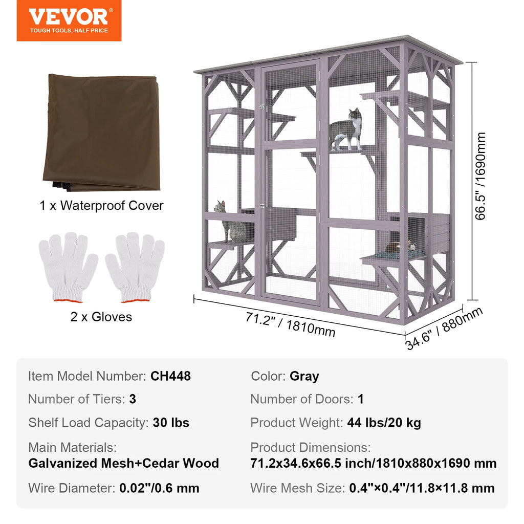 SucceBuy Cat House Outdoor 71.2x34.6x66.5 in 7-Tier Large Catio Cat Enclosure with 5 Platforms 2 Resting Boxes Large Front Door