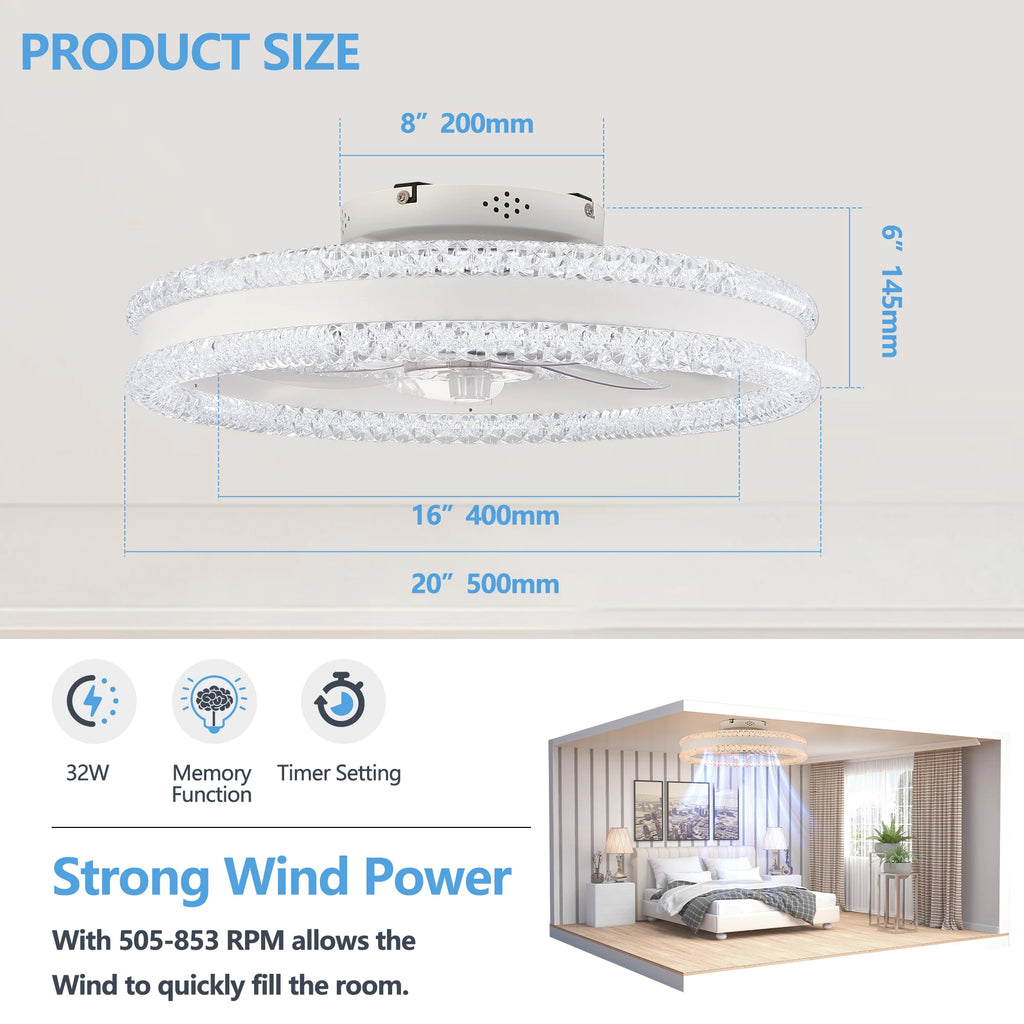 20" Luxury Double Ring LED Ceiling Fan with Light,Modern Flush Mount Design, Dimmable Lighting , Low Profile Silent Fan(White)