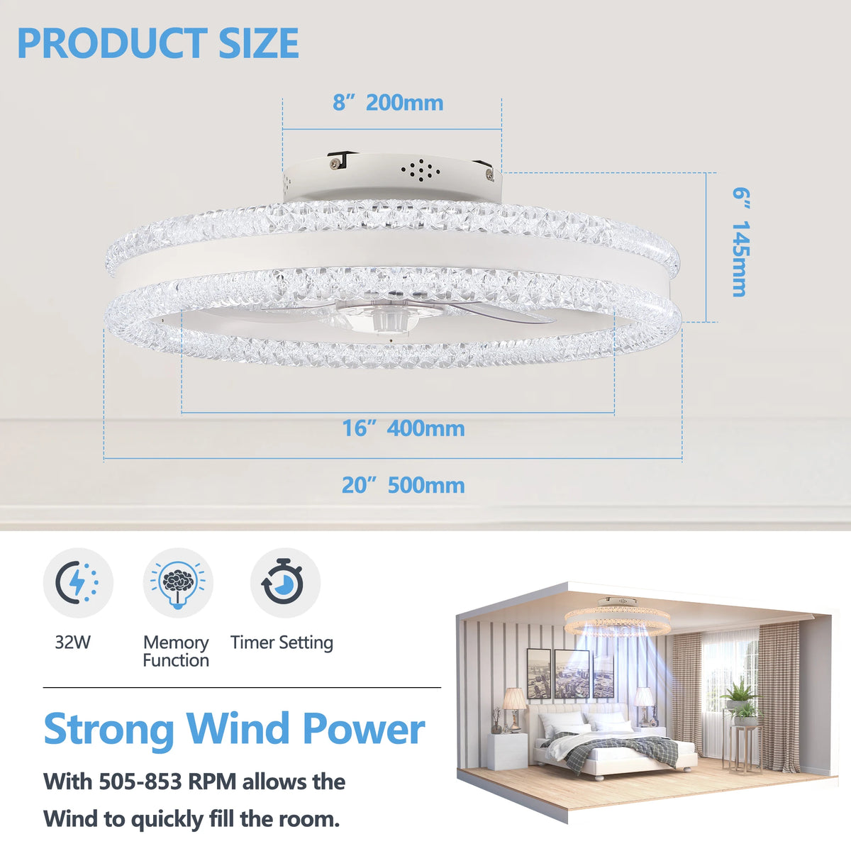 20" Luxury Double Ring LED Ceiling Fan with Light,Modern Flush Mount Design, Dimmable Lighting , Low Profile Silent Fan(White)
