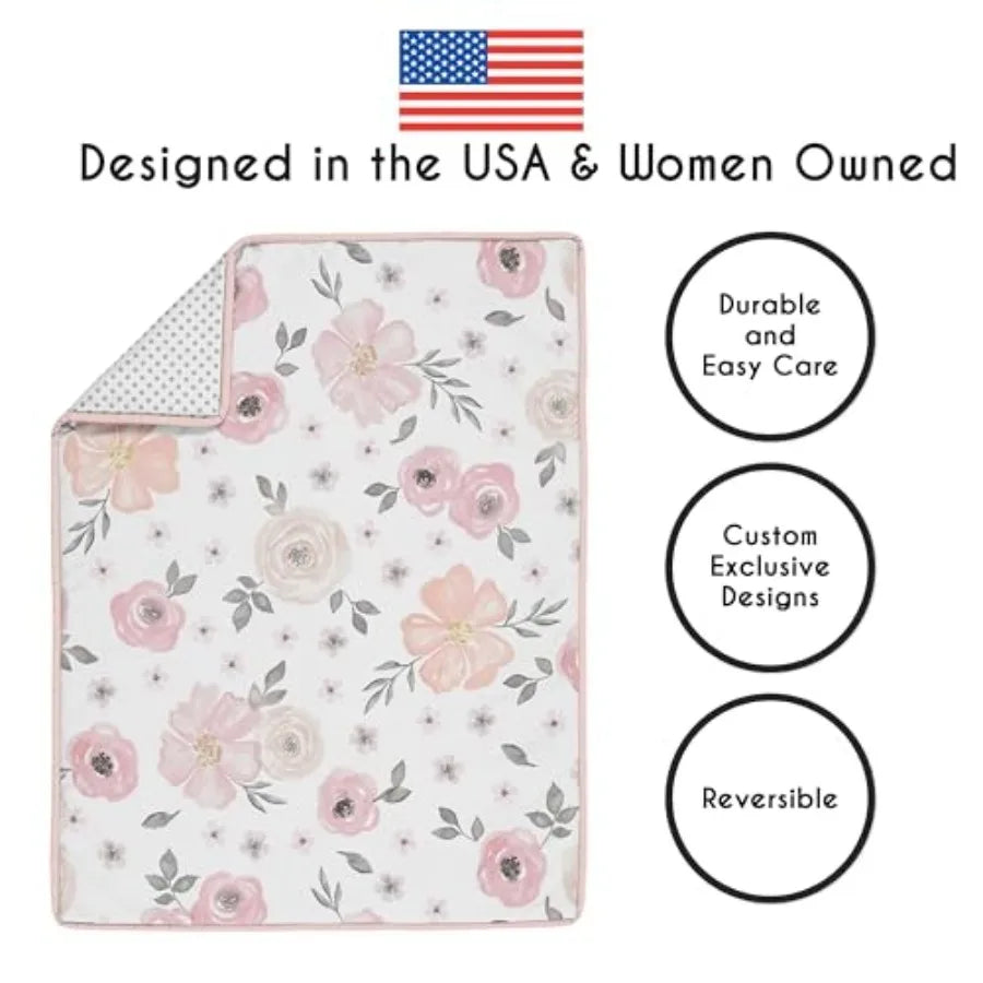 11-Piece Baby Crib Bedding Set Pink/Grey Boho Floral for Girls Infants/Nursery incl. Blanket Fitted Sheet Skirt Diaper Stacker