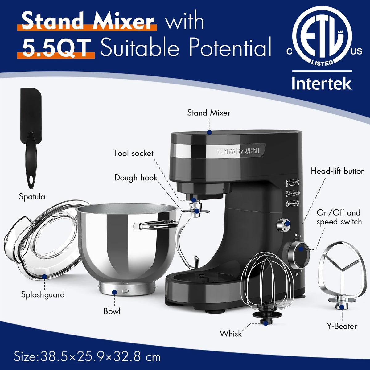 WHALL Kitchen Mixer, 12-Speed Tilt-Head Electric Stand Mixer – With Dough Hook, Wire Whip & Stainless Steel Bowl