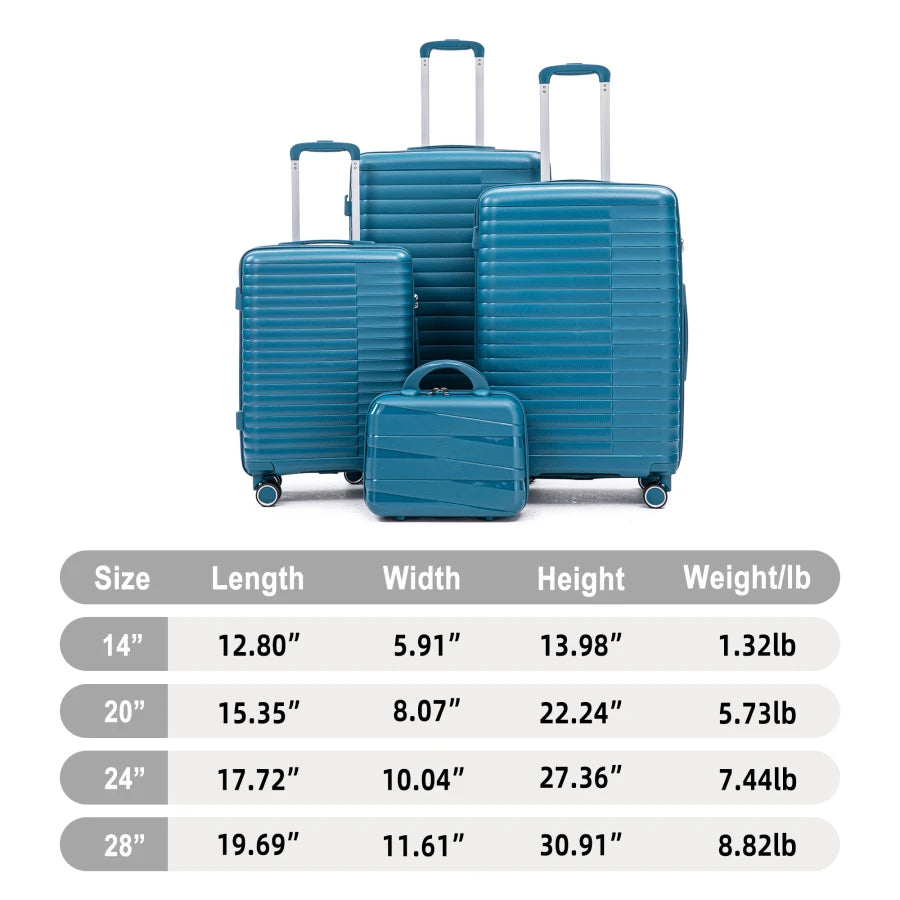 Carry on suitcase set for travel: PP spinner wheel luggage in blue, 14/20/24/28, iron pull rod, combination password lock, incl