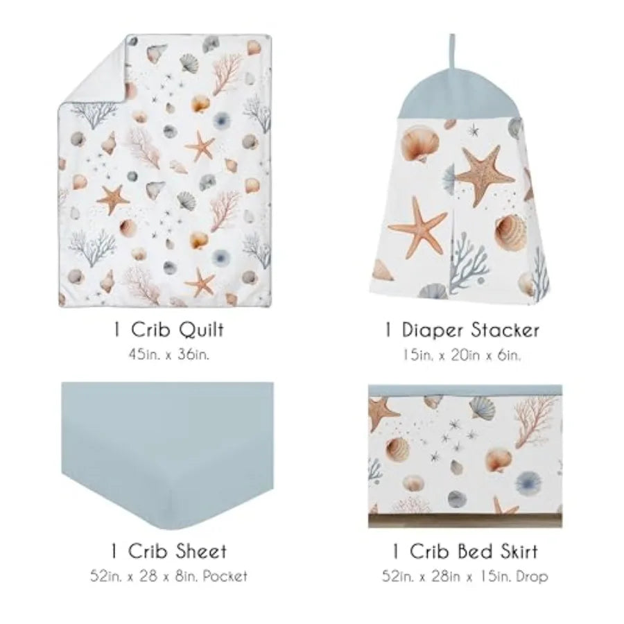 4-Piece Baby Crib Bedding Set Ocean Seashells for Boys or Girls Infants/Nursery incl. Blanket Fitted Sheet Skirt Diaper Stacker
