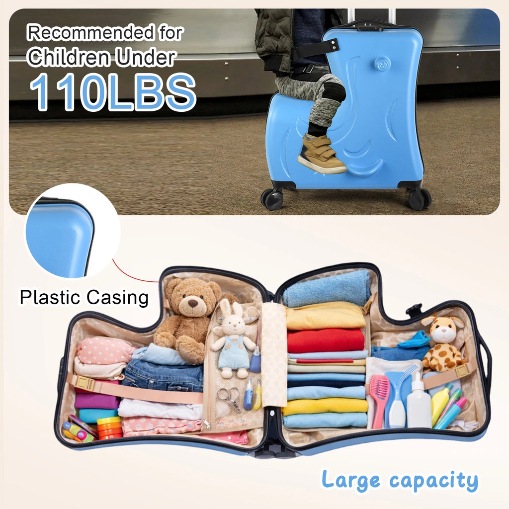 20in Kids Ride-On Luggage, Toddler Luggage Seat, Kids Travel Suitcase with Safety Belt, Wheels for Toddlers, (Blue, Caeey-On)