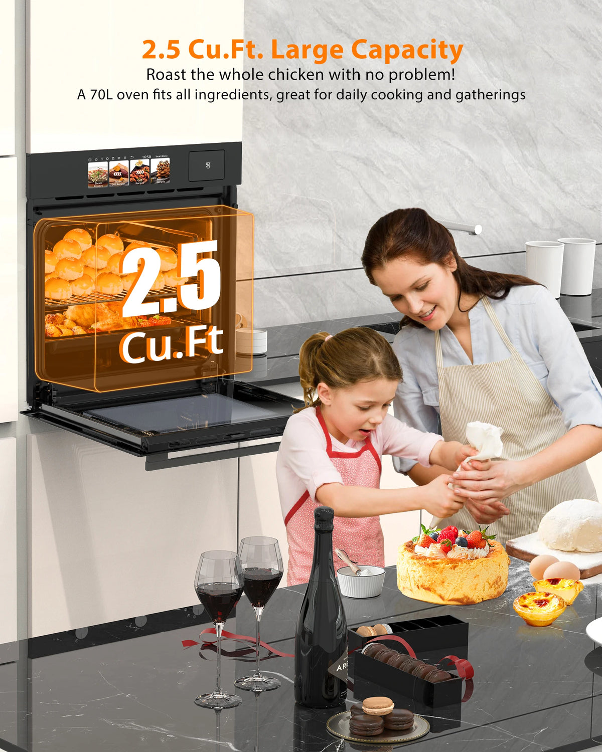 Single Wall Oven 24", Built-in Electric Ovens with 8 Cooking Mode, 3000W/240V, 2.5Cu.ft Convection Oven, Colorful Touch Screen