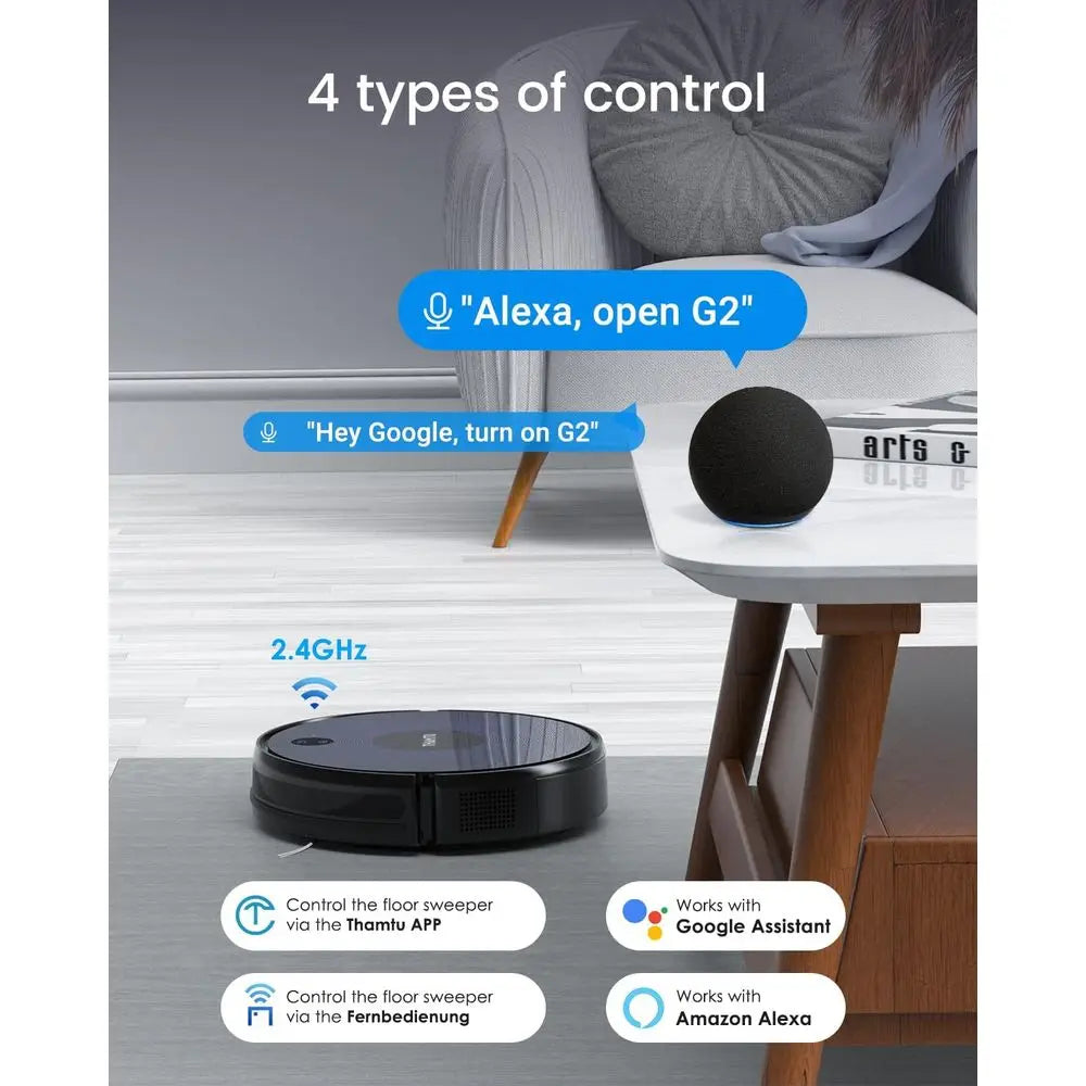 Smart Ultra-Thin Robot Vacuum and Mop with 100-Minute Run Time, App & Voice Control, Self-Charging, Ideal for Pet Hair on Hard F