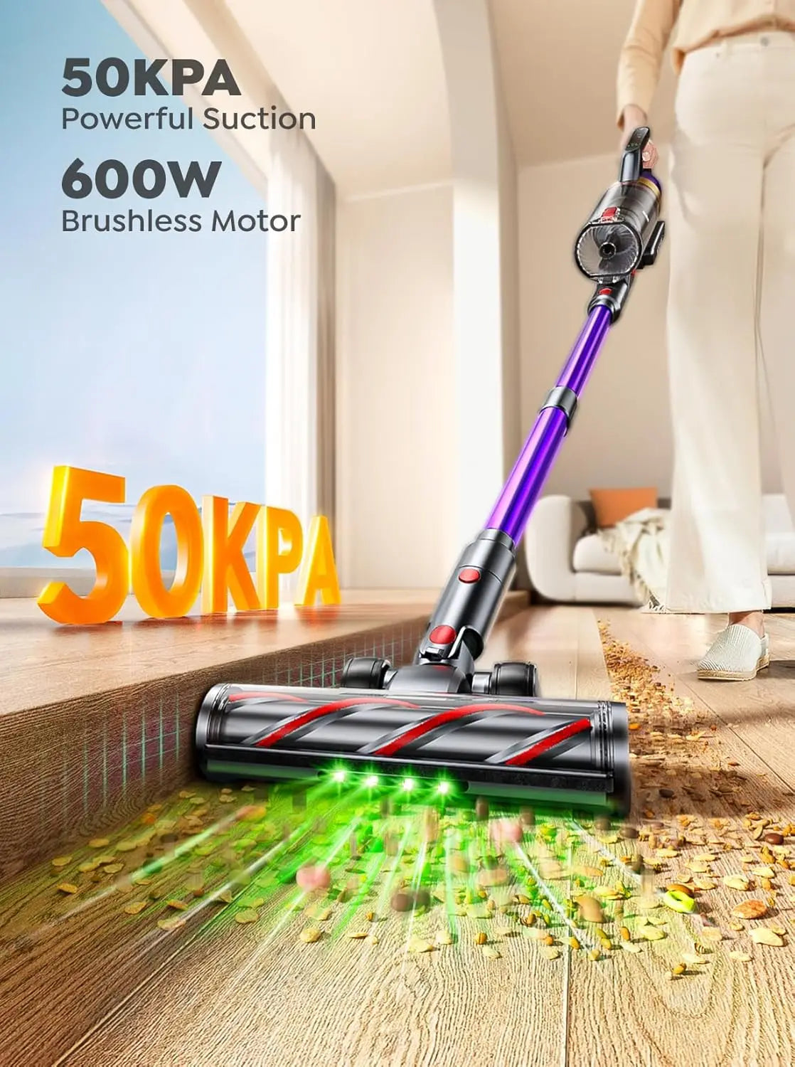 650W 55KPA Cordless Vacuum Cleaner, 70 Mins Runtime, Wall Mount Dock for Pet Hair and Floors