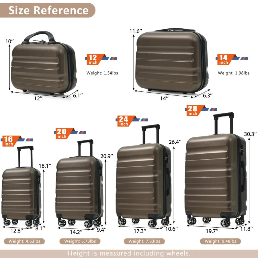 6-Piece ABS Hardshell Luggage Set - Lightweight Durable Suitcases with Dual Spinner Wheels, Carry-On Check-In Sizes for Travel