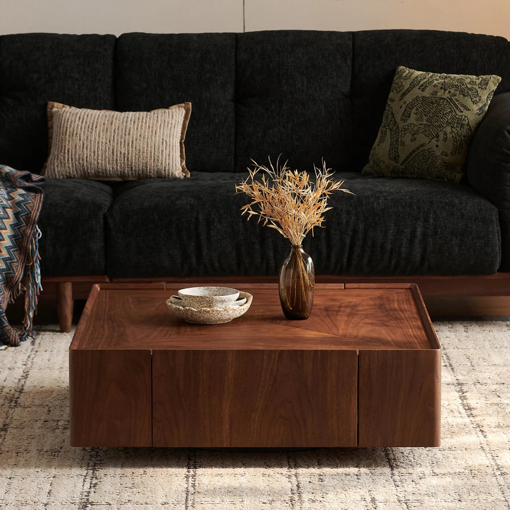 Square Walnut Wood Coffee Table, Modern Center Table for Living Room, Bedroom and Office, Home Decor Tea Table Café Furniture