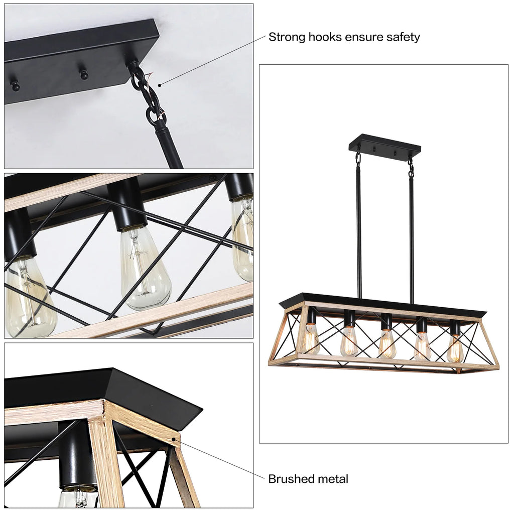 Farmhouse Chandeliers for Dining Room, 5-Light Rustic Kitchen Island Lighting, Adjustable Height Pendant Light Oak (No Bulbs)