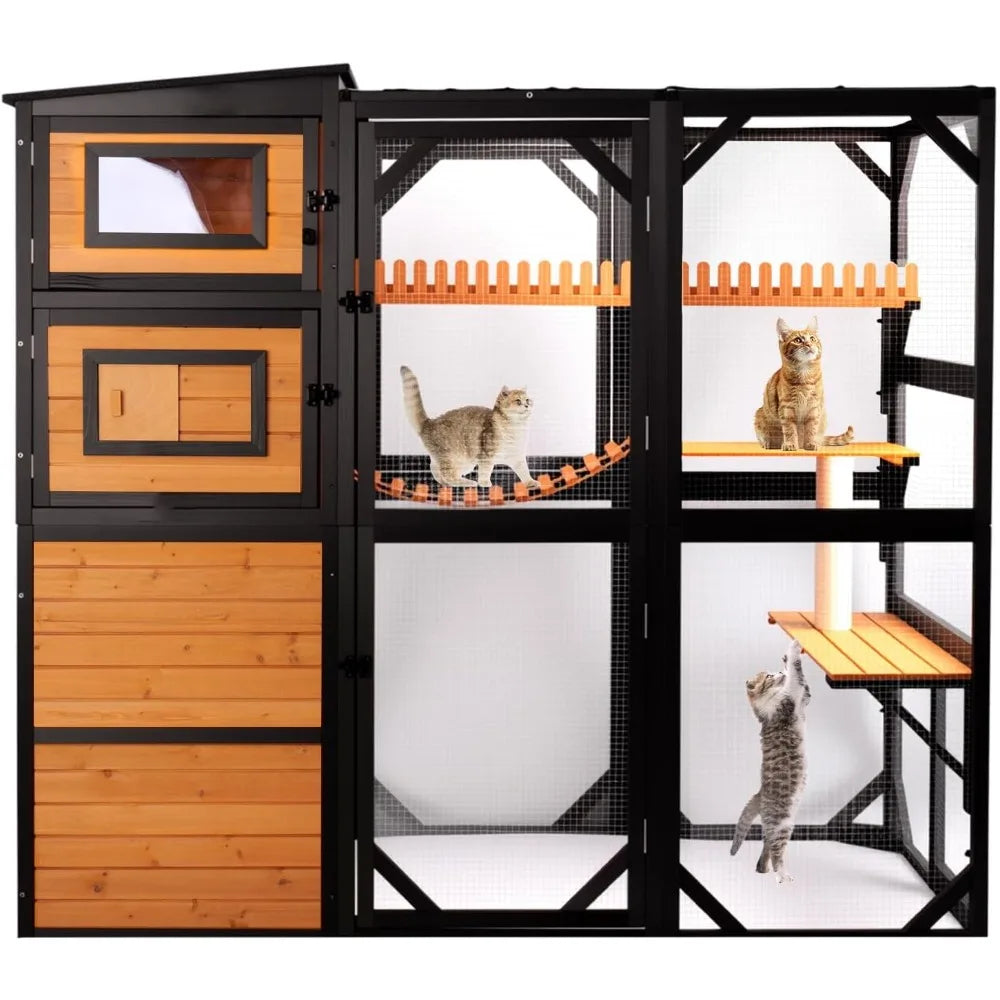 Catio Outdoor Cat Enclosures, Large 4 Tiers Wood Cat House, Cat Enclosure Connect to Window with Weatherproof Roof, 4 Platforms