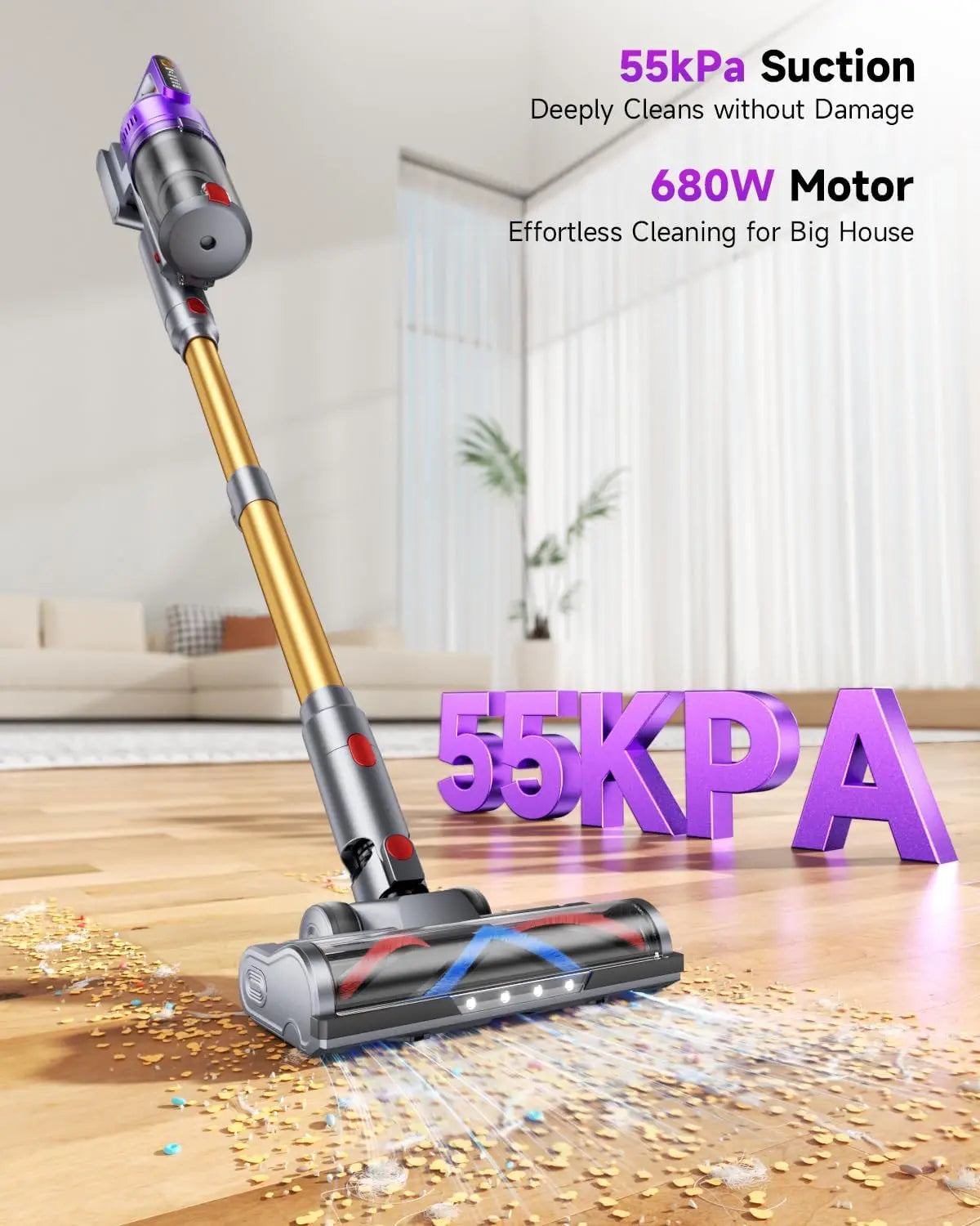 Cordless Vacuum Cleaner 680W 55kPa, Up to 75Mins Runtime, Anti-Tangled for Hardwood Floors, Carpets, Pet Hair
